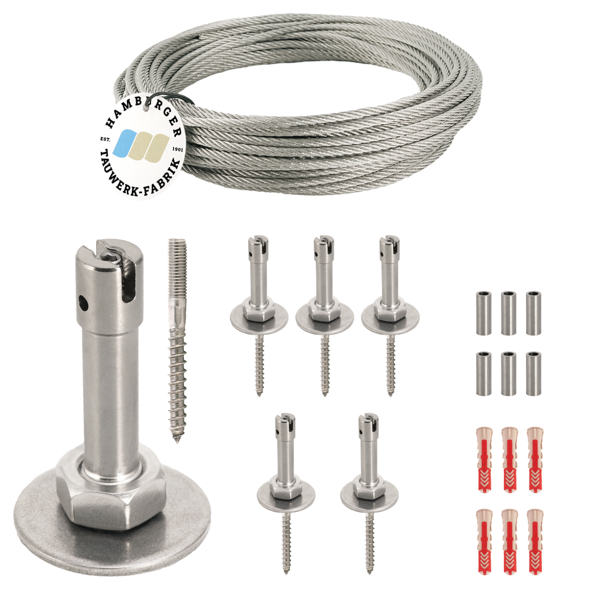 Ranksystem 58mm Bausatz / 6 Wandhalter / 9,5m Drahtseil Ranksystem 58mm Bausatz / 6 Wandhalter / 9,5m Drahtseil