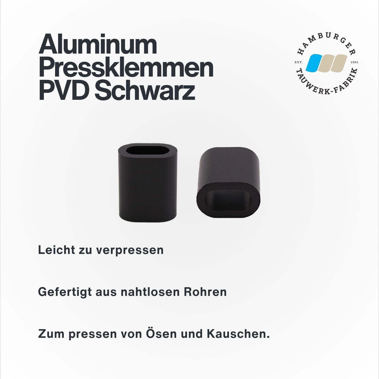 Aluminium Pressklemmen für 1,5 - 5,0mm Drahtseil, PVD Schwarz Aluminium Pressklemmen für 1,5 - 5,0mm Drahtseil, PVD Schwarz