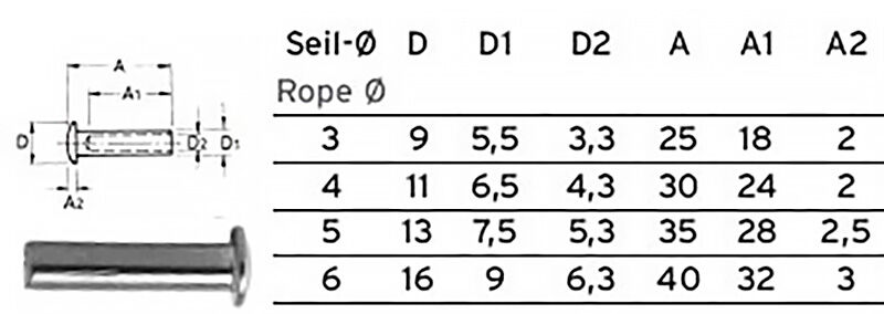 MTD Mini Linsenkopf-Walzterminal für 3,0 - 6,0mm Drahtseil