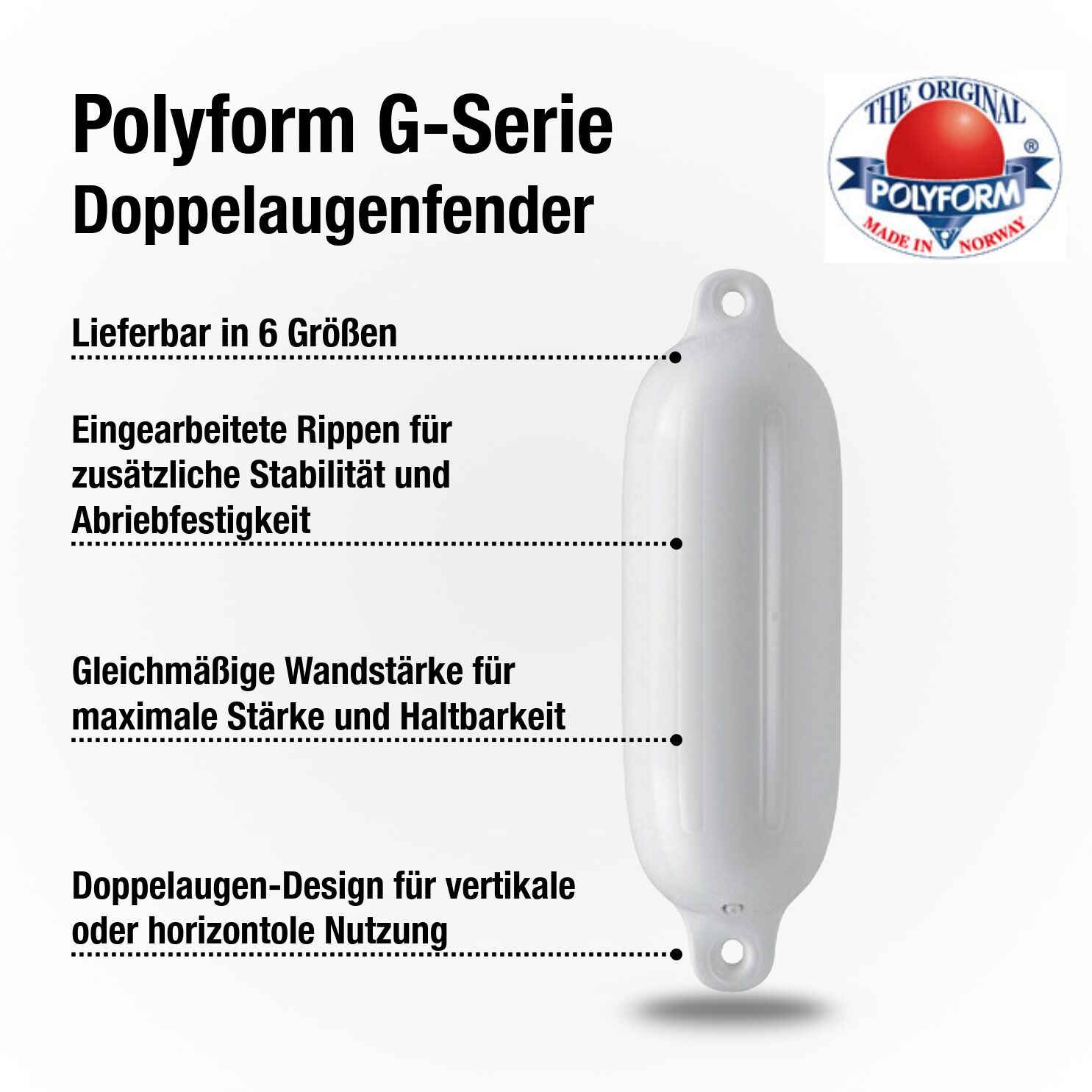 Polyform Fender Typ G2 / 407mm x 117mm / Weiß | Hamburger Tauwerk Fabrik – Beste Qualität seit 1901. Jetzt online kaufen
