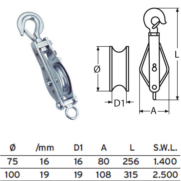 Edelstahl Seilrolle mit Lasthaken und Wirbel Edelstahl Seilrolle mit Lasthaken und Wirbel