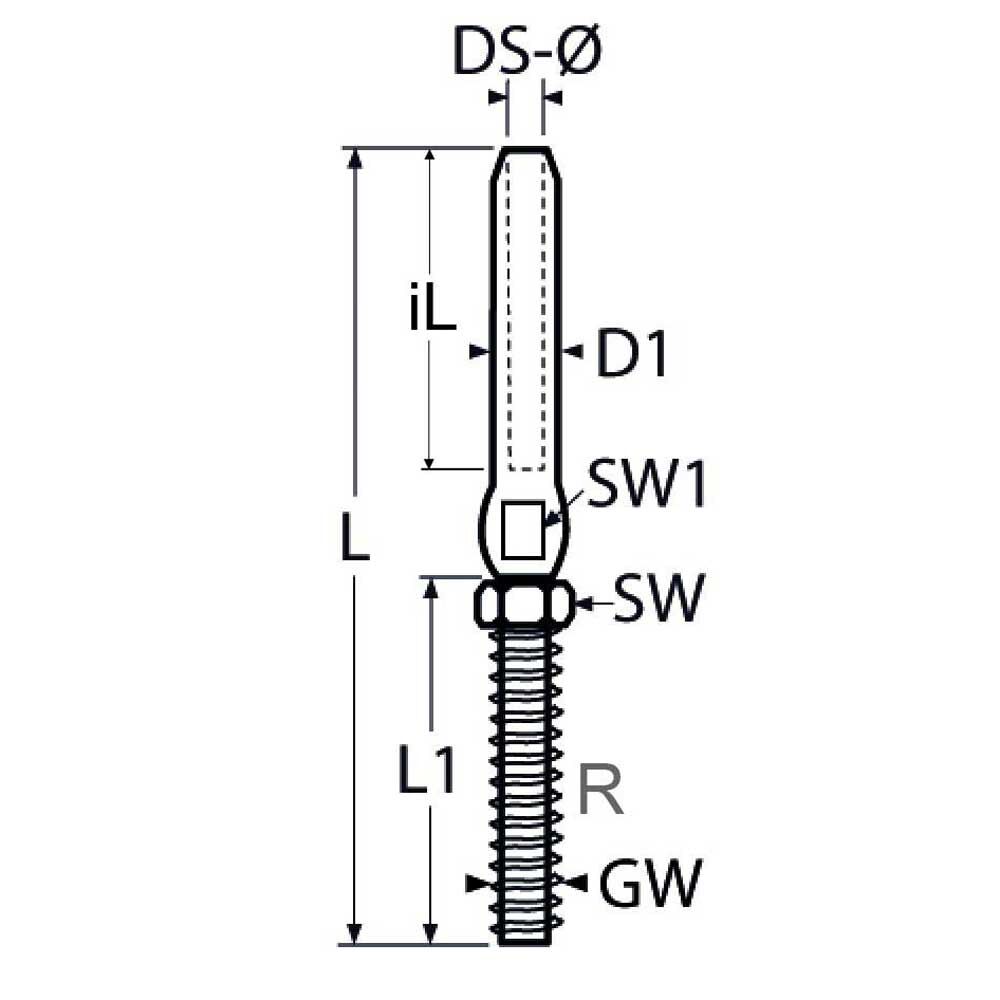 SkizzeRechts Gewinde-Walzterminal für 2,0 - 16,0mm Drahtseil / Rechtsgewinde