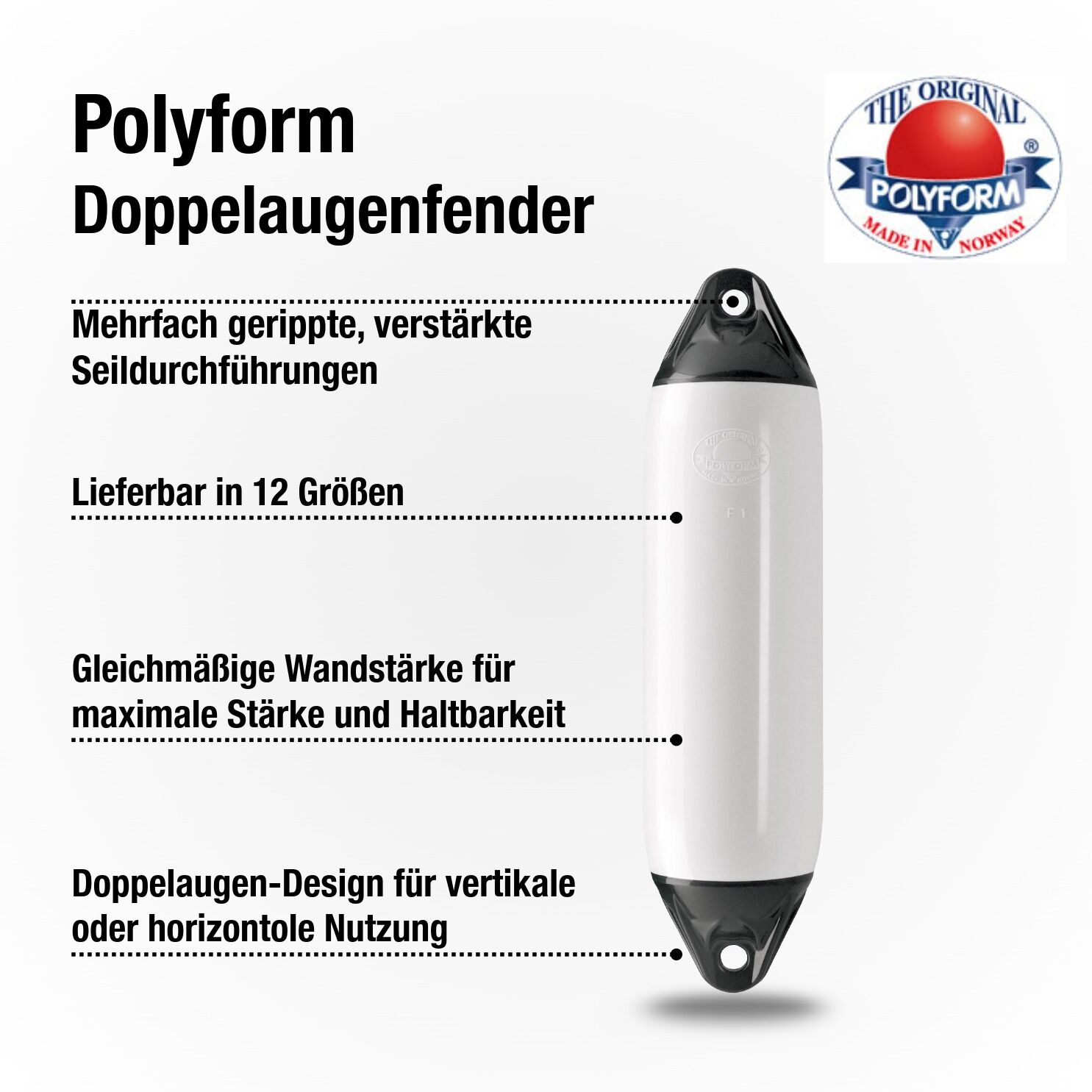 Polyform Fender Typ F02 / 660 x 200mm / Weiß | Hamburger Tauwerk Fabrik – Beste Qualität seit 1901. Jetzt online kaufen