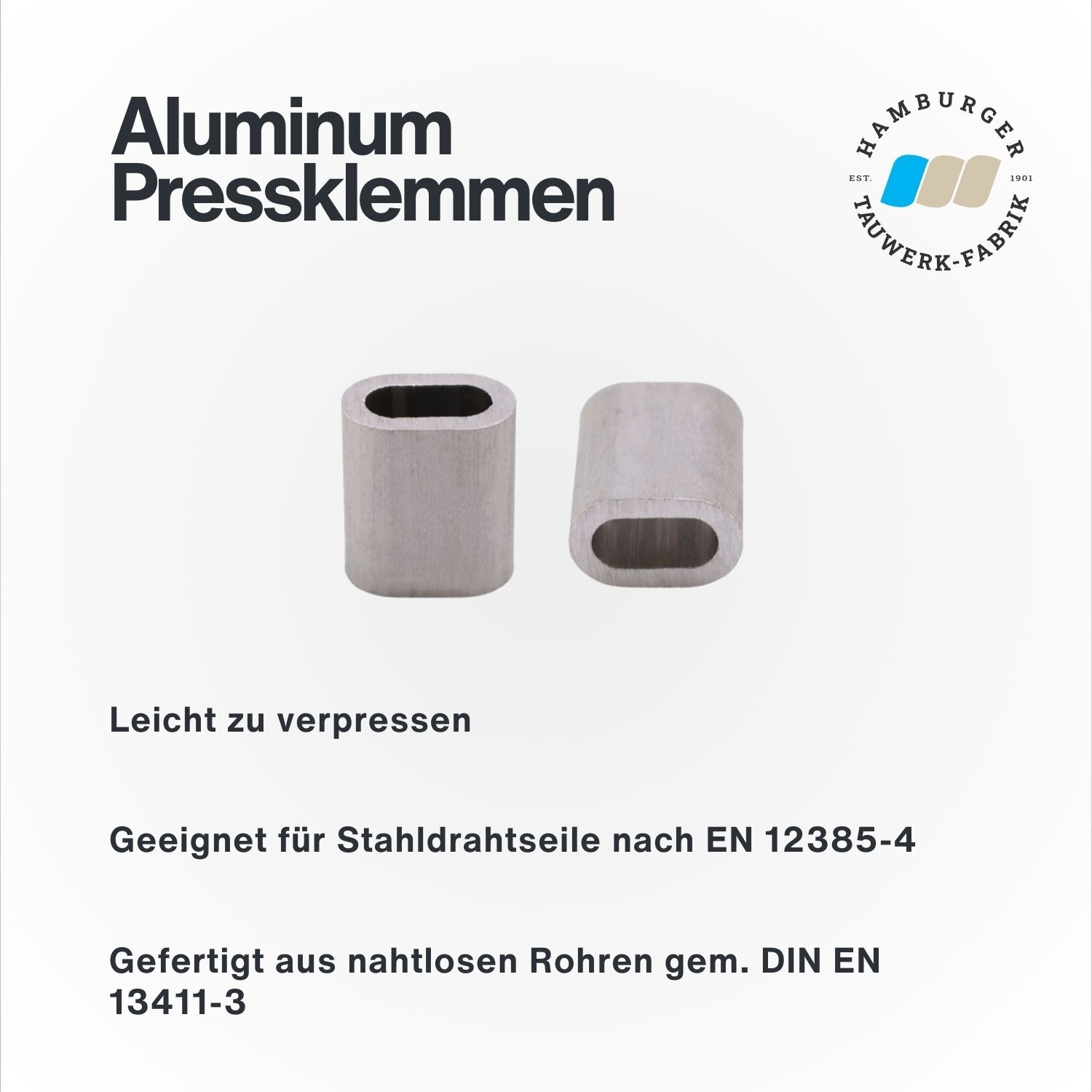 Aluminium Pressklemmen für 1,0 - 10mm Drahtseil Aluminium Pressklemmen für 1,0 - 10mm Drahtseil