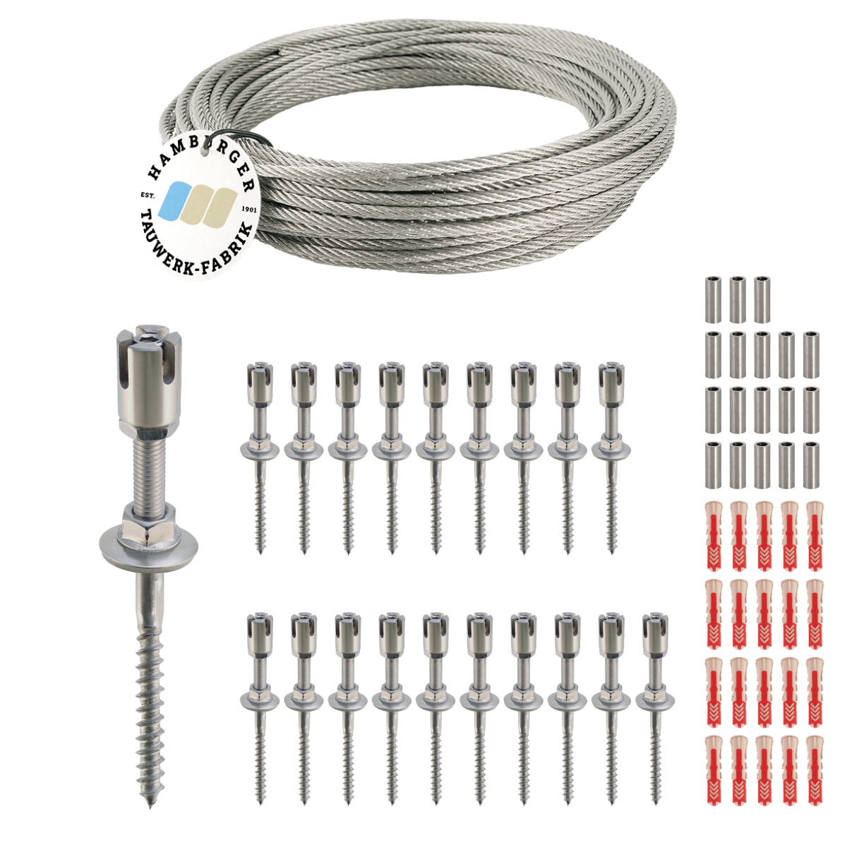 Ranksystem 50mm Bausatz / 20 Wandhalter / 50m Drahtseil Ranksystem 50mm Bausatz / 20 Wandhalter / 50m Drahtseil