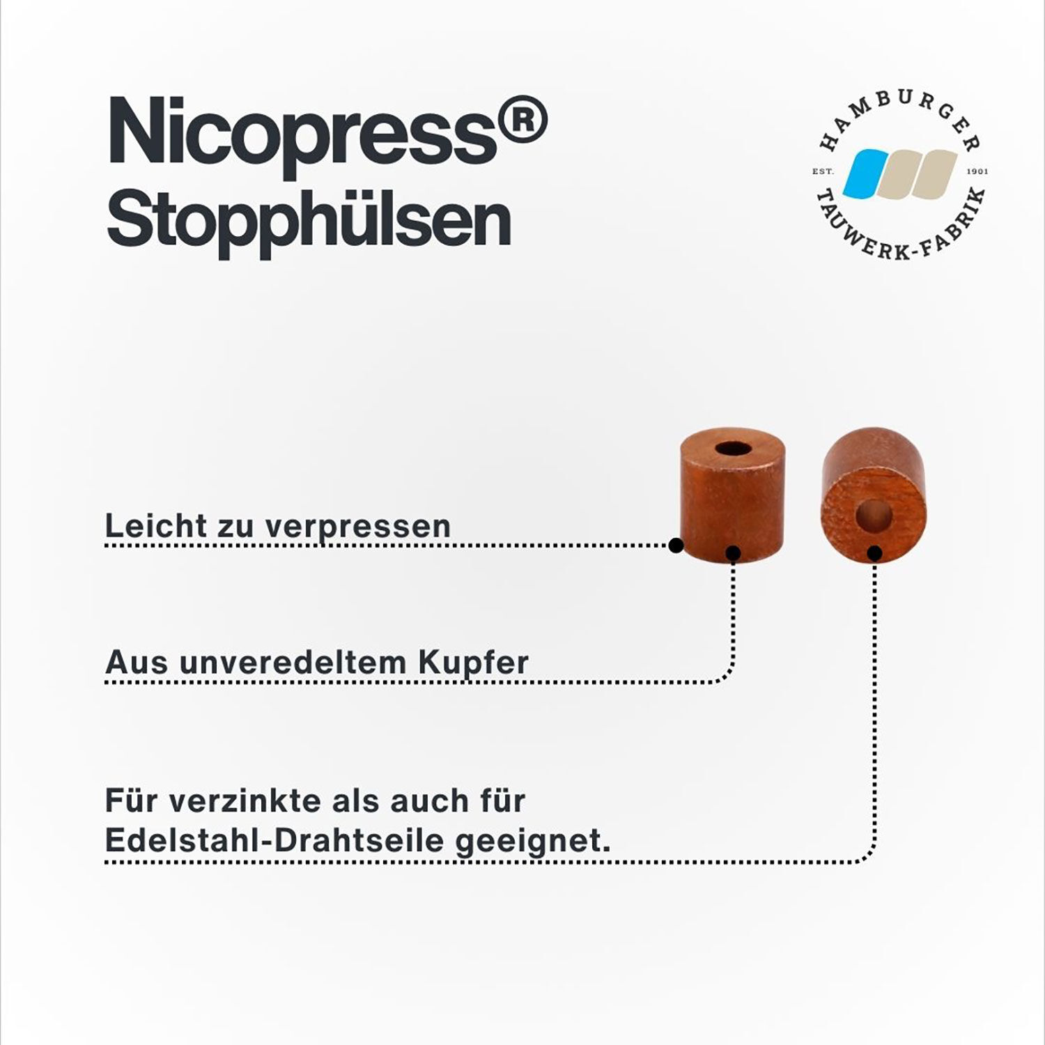 NicoPress® Rundhülsen / Stophülsen für 0,8 - 6,0mm Drahtseil