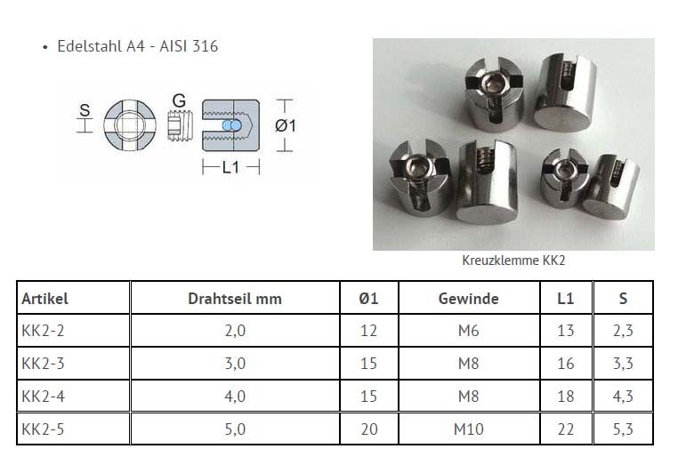 Edelstahl Seilkreuzklemme "Mini" für 2,0 - 5,0mm Drahtseil / KK2 Edelstahl Seilkreuzklemme "Mini" für 2,0 - 5,0mm Drahtseil / KK2