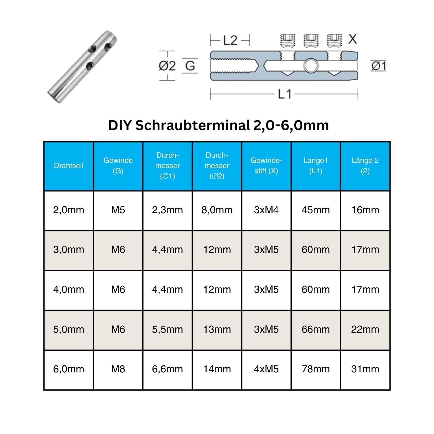 DIY Selbstmontage Seilspanner für 4mm Drahtseil mit Aussengewinde M6