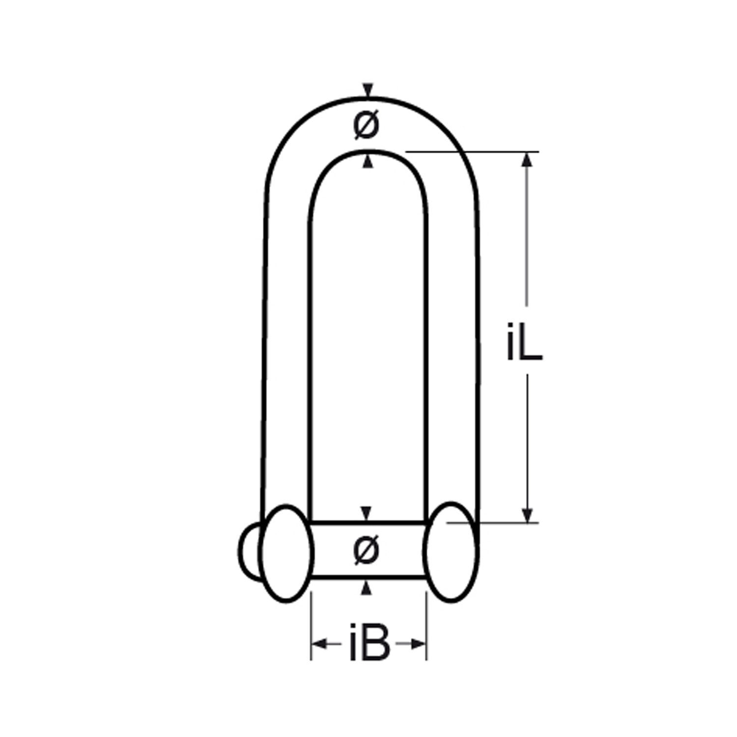 Schäkel lang mit TX+Pin / Edelstahl A4 AISI 316. Erhältlich in den Größen M5, M6, M8, M10 und M12.