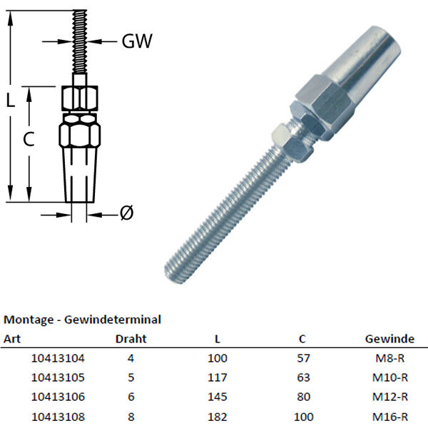 Montage - Gewindeterminal für 6,0mm Drahtseil aus der Hamburger Tauwerk Fabrik - Est. 1901 ✓ Made in Germany ✓ Top Qualität ➤ Jetzt kaufen!