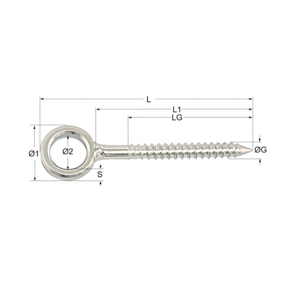 Augschraube mit Holzgewinde 6 - 8mm, Edelstahl A4 - AISI 316 Augschraube mit Holzgewinde 6 - 8mm, Edelstahl A4 - AISI 316