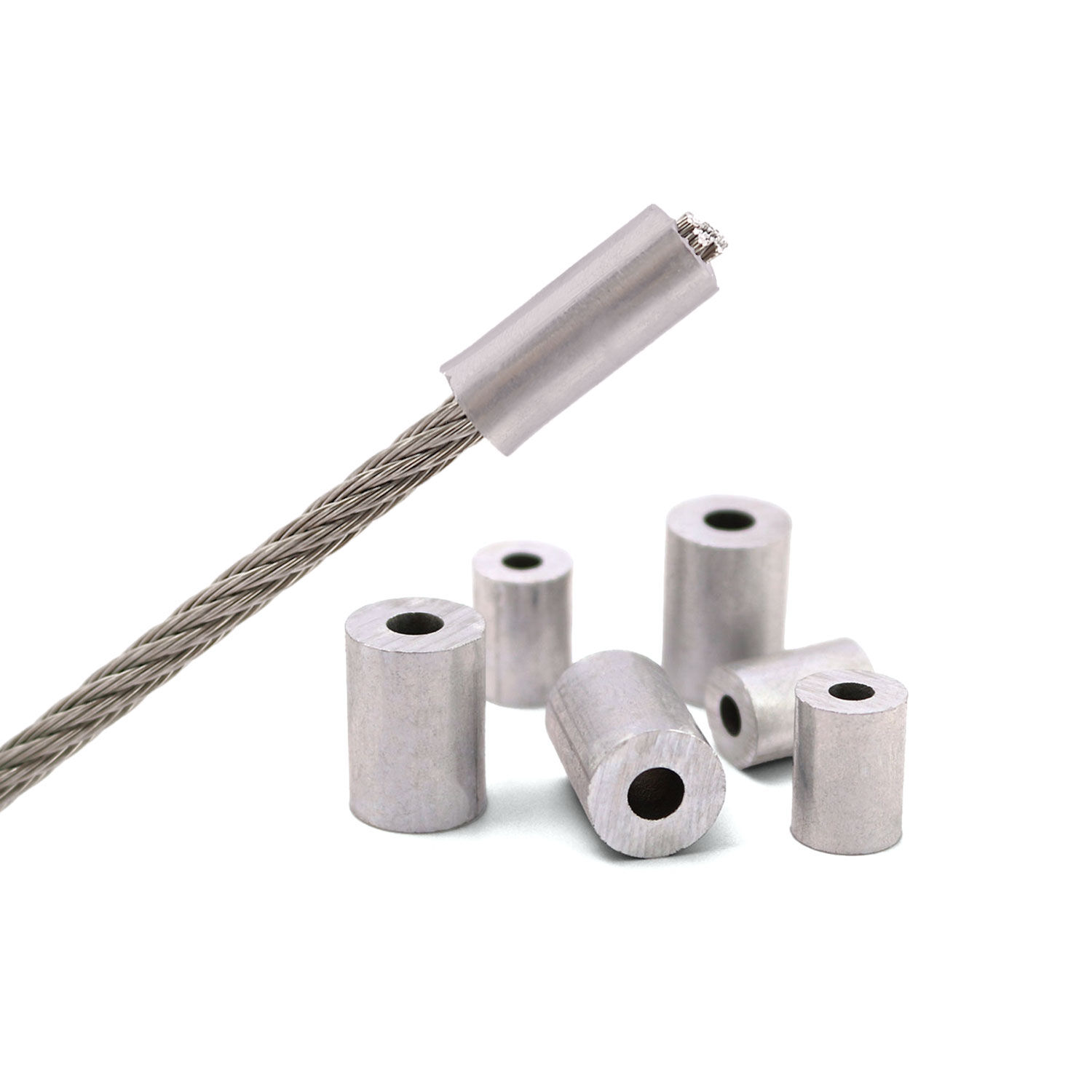 Aluminium Rund-Pressklemmen für 1,5 - 10mm Drahtseil Aluminium Rund-Pressklemmen für 1,5 - 10mm Drahtseil