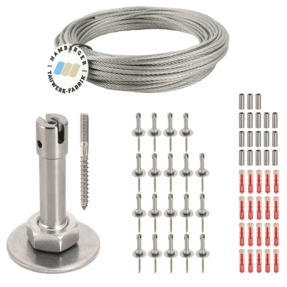 Ranksystem 58mm Bausatz / 20 Wandhalter / 36,5m Drahtseil Ranksystem 58mm Bausatz / 20 Wandhalter / 36,5m Drahtseil
