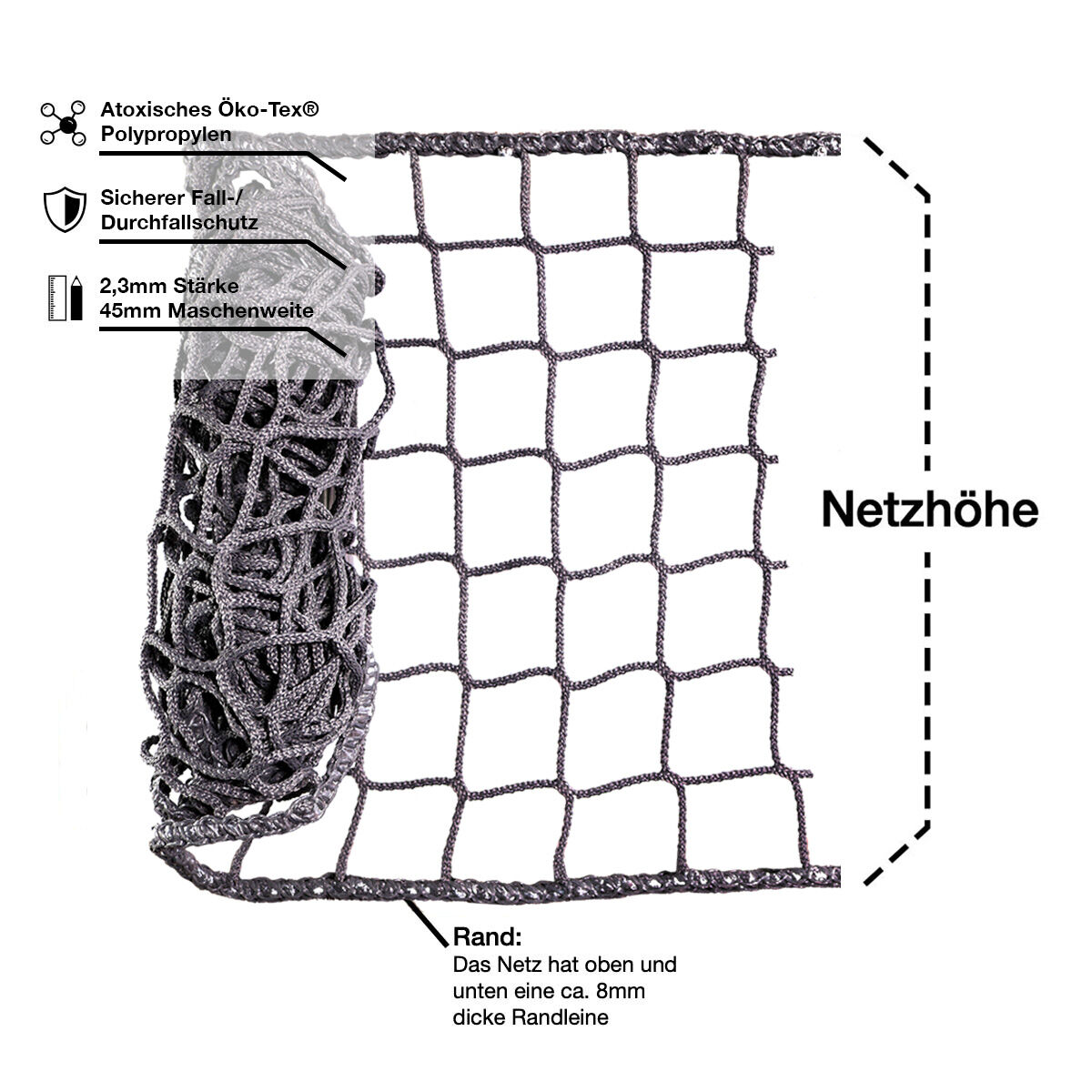 Universal Netz / Maschenweite 45mm / Breite 1,0mtr. / Grau | Hamburger Tauwerk Fabrik – Beste Qualität seit 1901. Jetzt online kaufen