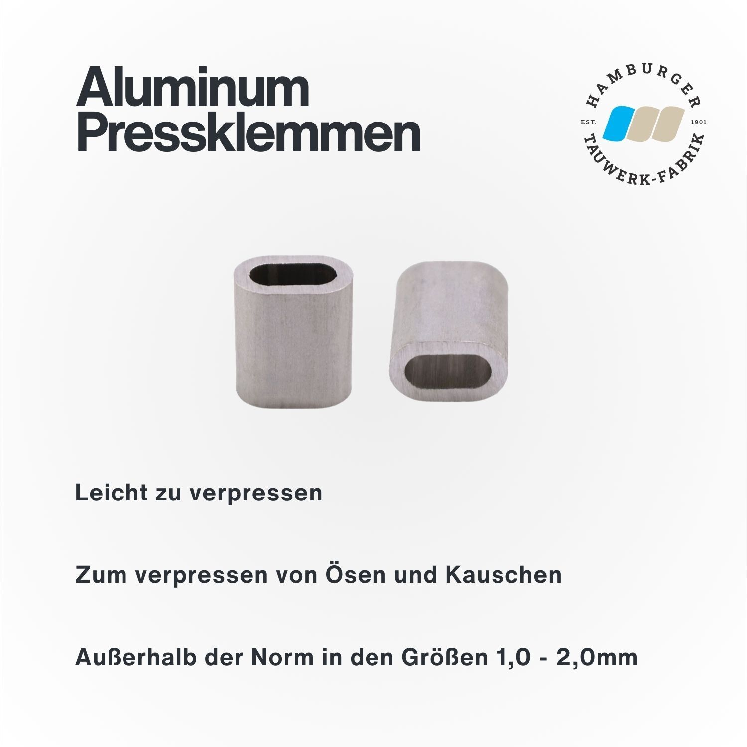 Aluminium Pressklemmen NG1 / 1,0mm Drahtseil / 100 Stück | Hamburger Tauwerk Fabrik – Beste Qualität seit 1901. Jetzt online kaufen