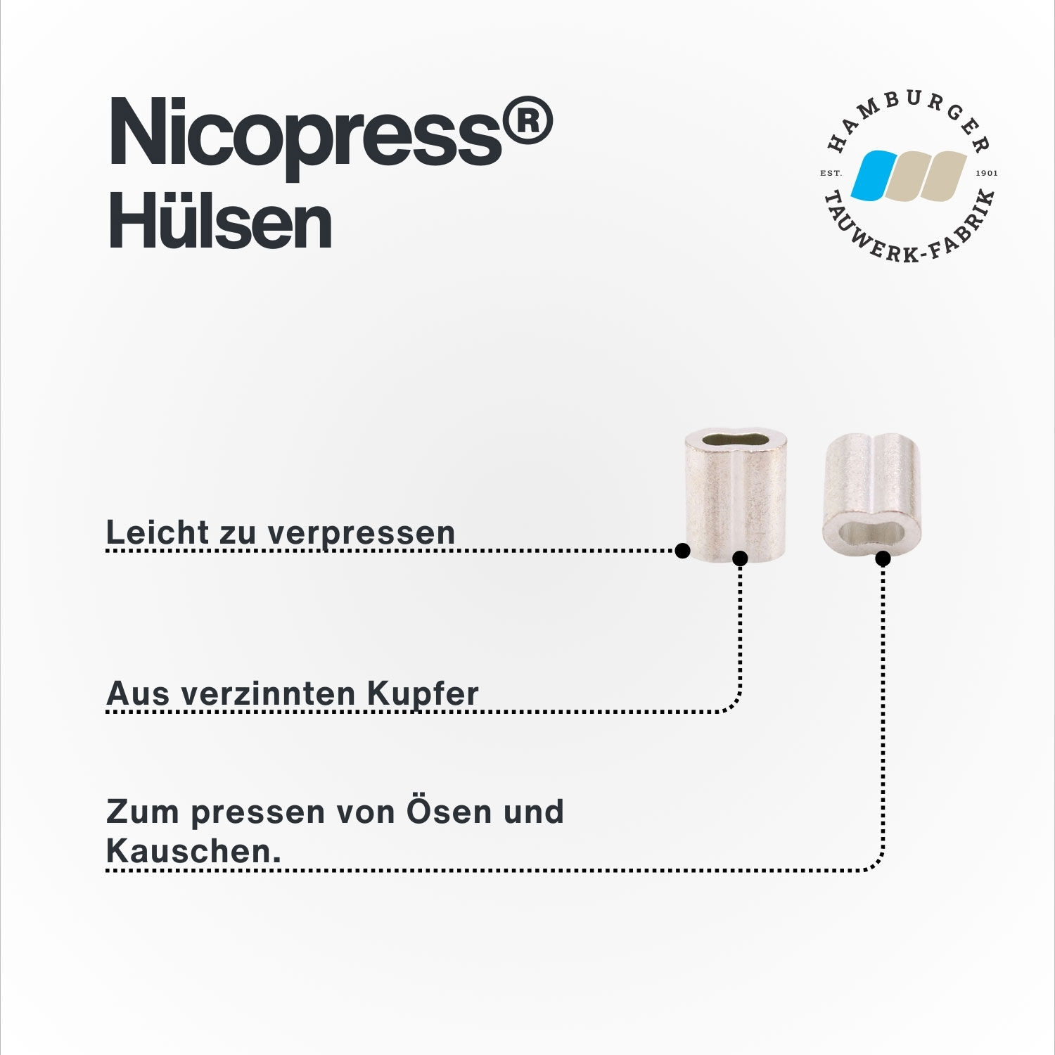 Nicopress® Hülsen 1,2-1,4mm / NP 28-11-B4 aus der Hamburger Tauwerk Fabrik - Est. 1901 ✓ Made in Germany ✓ Top Qualität ➤ Jetzt kaufen!