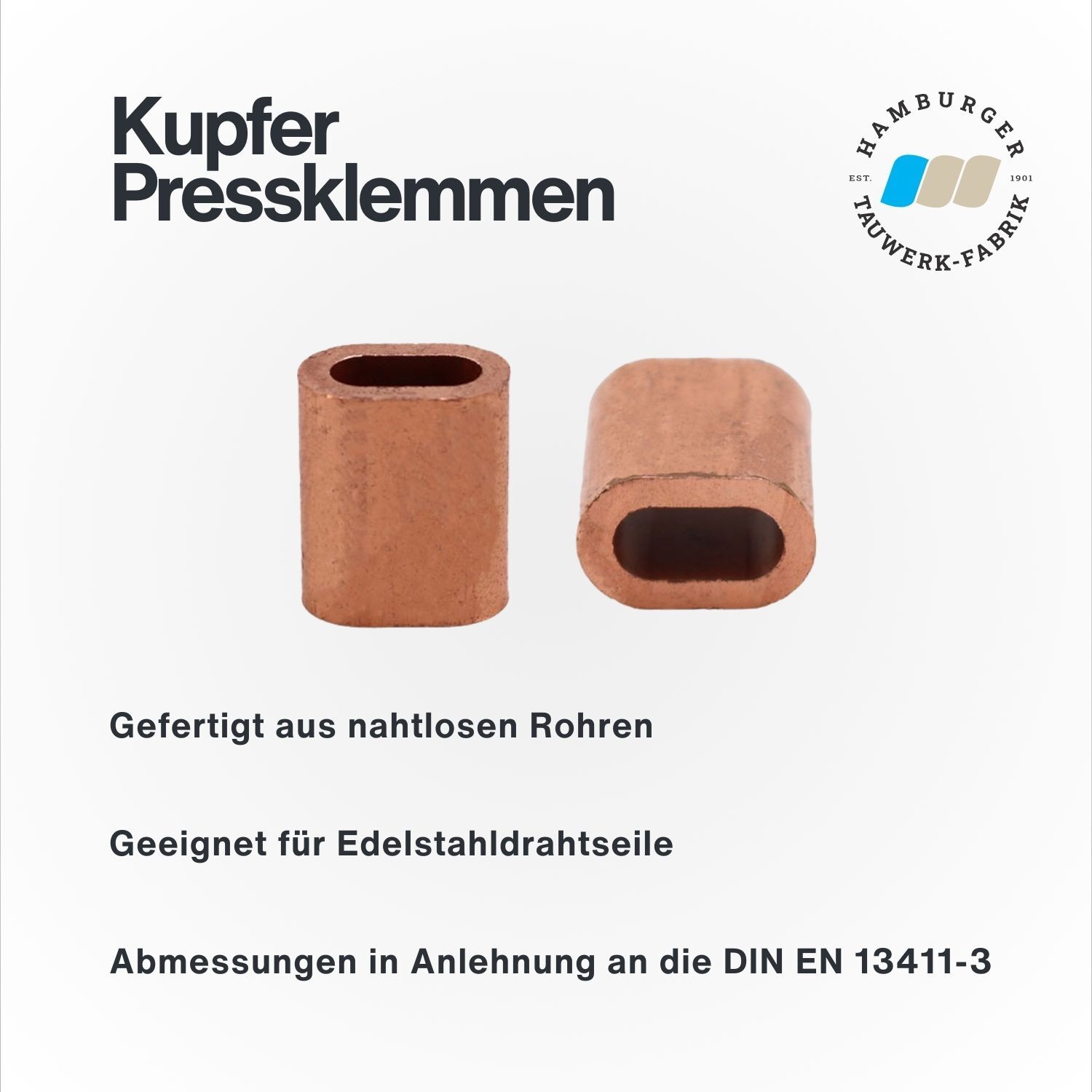 Kupfer Pressklemme für 1,0 - 9,0mm Drahtseil | Hamburger Tauwerk Fabrik – Beste Qualität seit 1901. Jetzt online kaufen