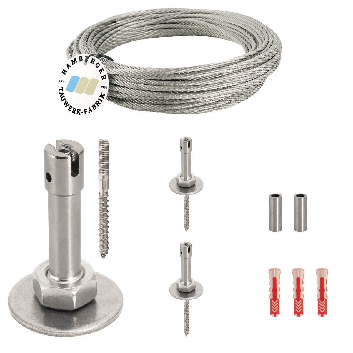 Ranksystem 58mm Bausatz / 3 Wandhalter / 3,5m Drahtseil Ranksystem 58mm Bausatz / 3 Wandhalter / 3,5m Drahtseil