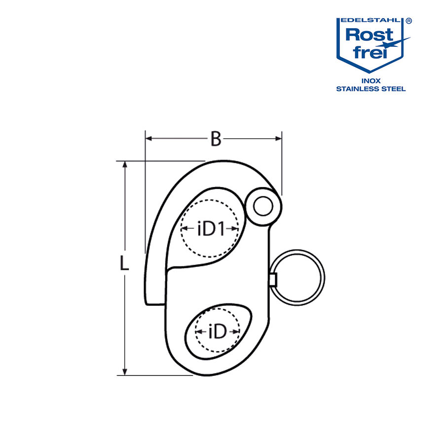 Schnappschäkel mit festem Auge / 35 - 96mm, Edelstahl A4 - AISI 316 Schnappschäkel mit festem Auge / 35 - 96mm, Edelstahl A4 - AISI 316