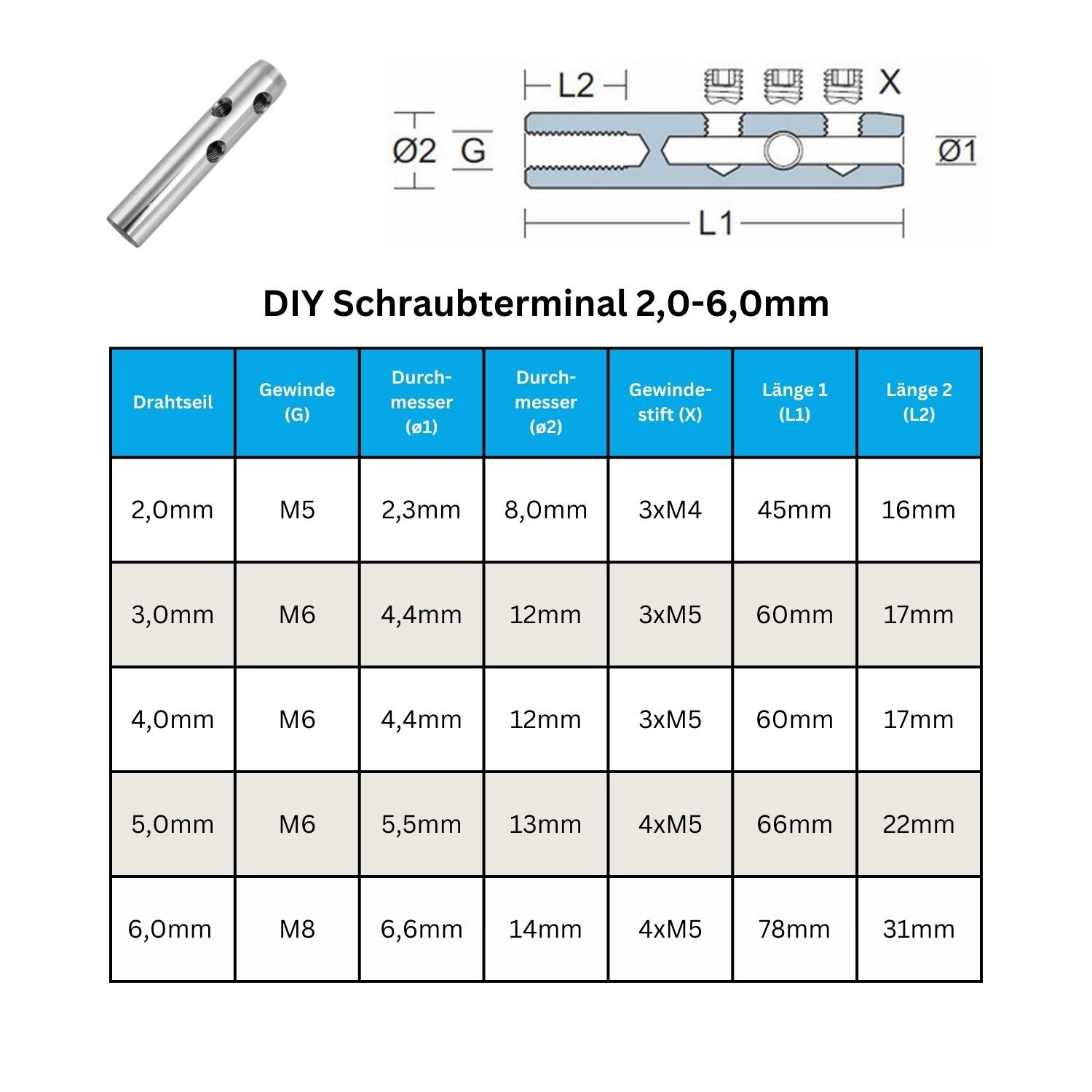 DIY Selbstmontage Seilspanner für 5mm Drahtseil mit Stockschraube M6