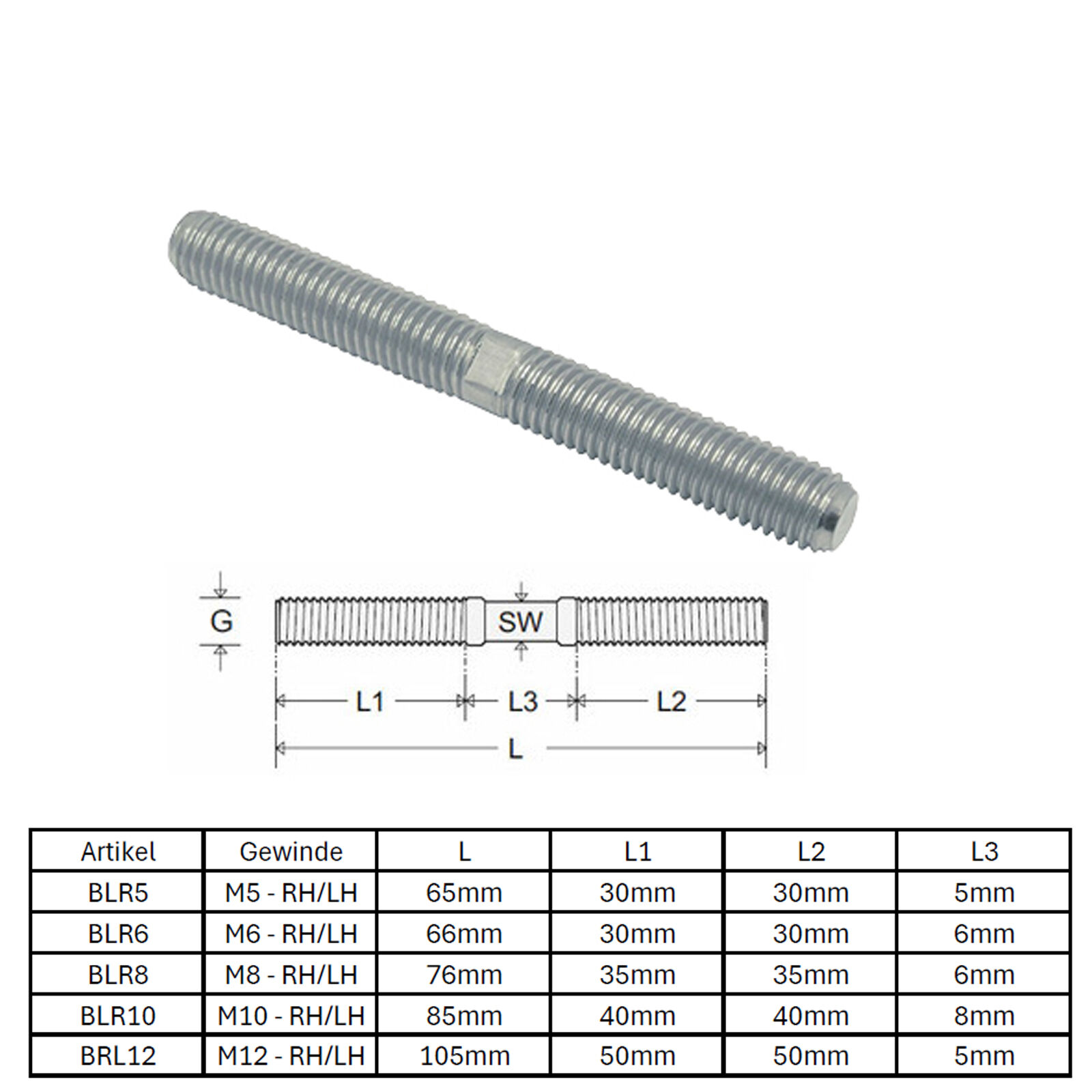 Gewindestück mit Rechts - Linksgewinde / M5-M12 / Edelstahl V4A Gewindestück mit Rechts - Linksgewinde / M5-M12 / Edelstahl V4A