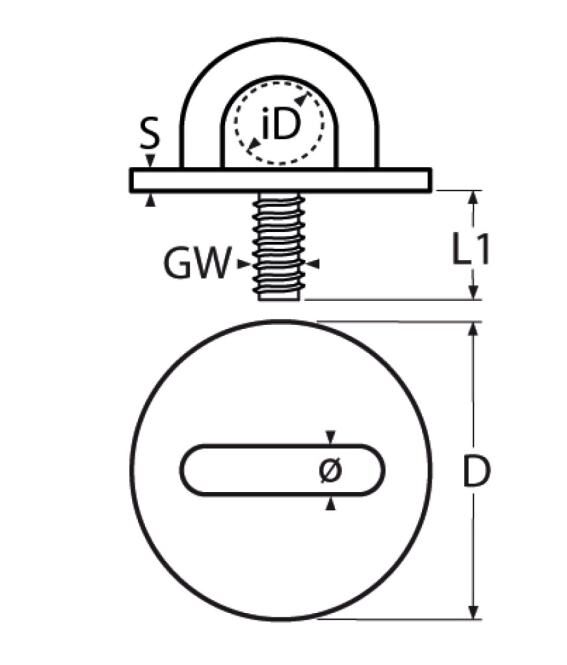 Wandauge mit Gewinde-Grundplatte rund 5,0 - 8mm Bügel, Edelstahl A2 - AISI 304 Wandauge mit Gewinde-Grundplatte rund 5,0 - 8mm Bügel, Edelstahl A2 - AISI 304