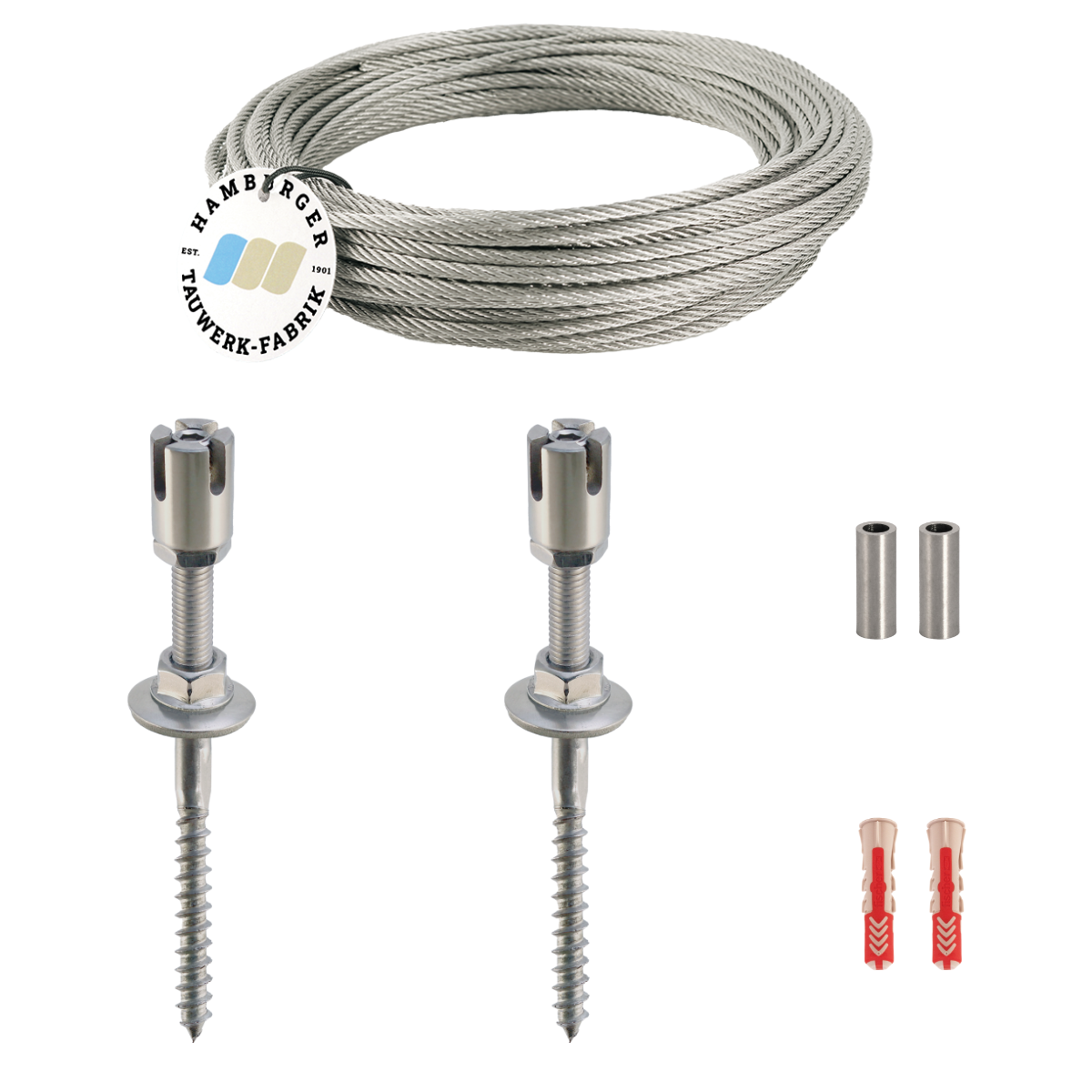 Ranksystem 50mm Bausatz / 2 Wandhalter / 2,5m Drahtseil Ranksystem 50mm Bausatz / 2 Wandhalter / 2,5m Drahtseil