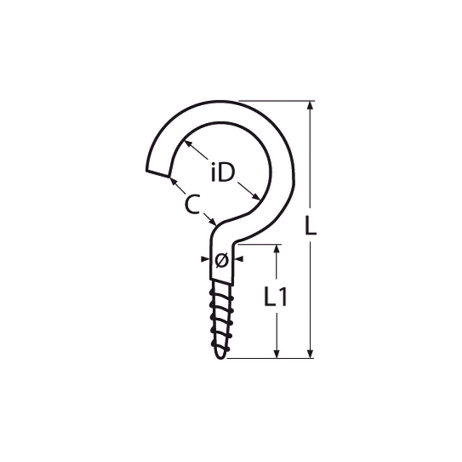 Schraubhaken mit Holzgewinde 2,9 - 5,8mm, Edelstahl A4 - AISI 316 Schraubhaken mit Holzgewinde 2,9 - 5,8mm, Edelstahl A4 - AISI 316