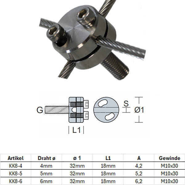 Kreuzklemme KK8 – Edelstahl V4A mit M10 Anschlussbolzen, großer Seilauflage und hoher Klemmkraft für Drahtseile 4–6 mm Kreuzklemme KK8 – Edelstahl V4A mit M10 Anschlussbolzen, großer Seilauflage und hoher Klemmkraft für Drahtseile 4–6 mm
