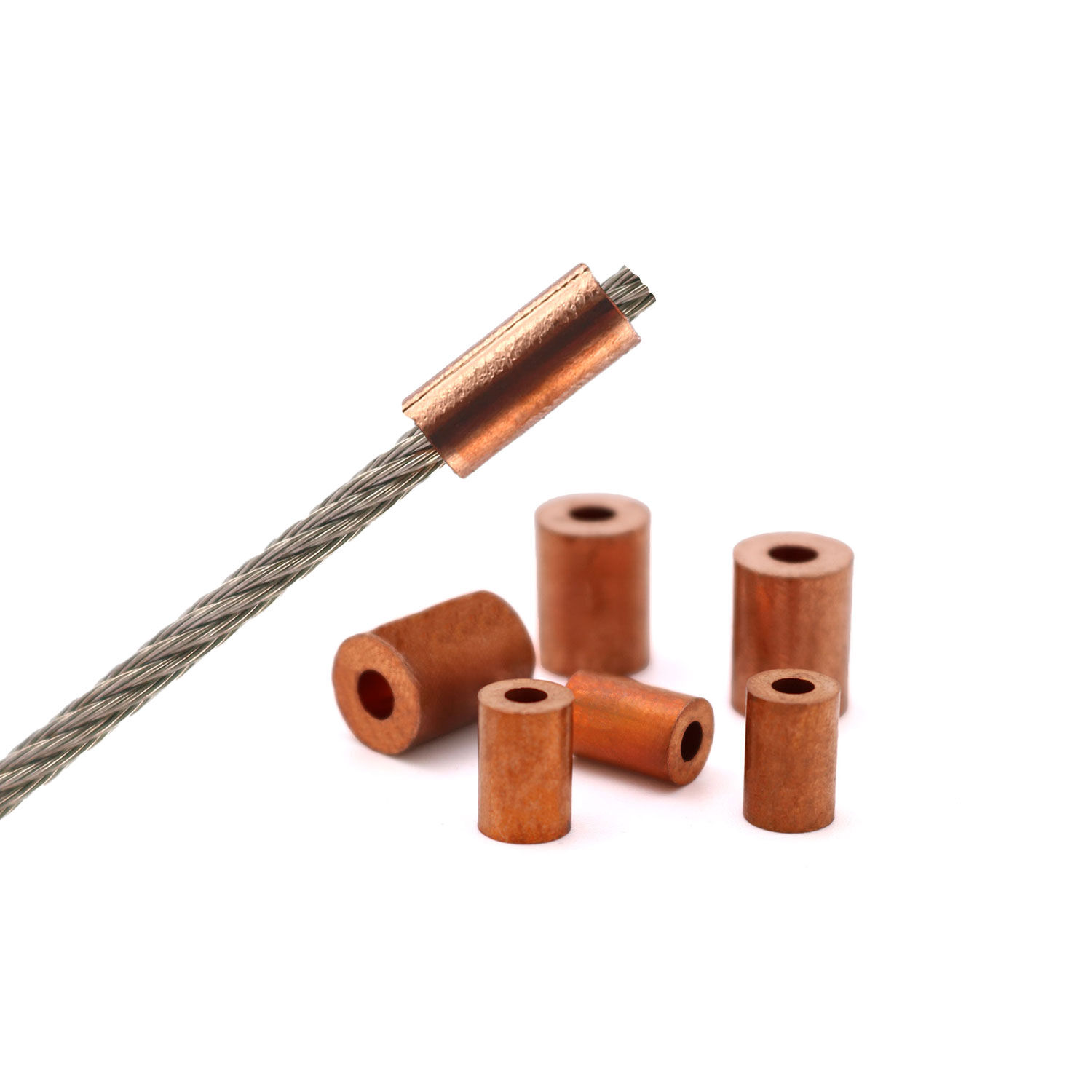 Kupfer Rund-Pressklemmen für 1,5 - 8mm Drahtseil Kupfer Rund-Pressklemmen für 1,5 - 8mm Drahtseil