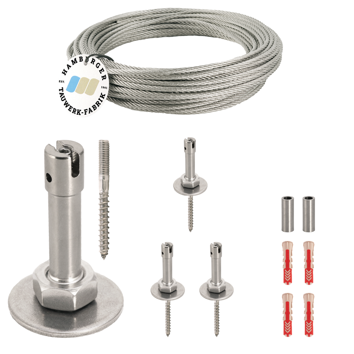 Ranksystem 58mm Bausatz / 4 Wandhalter / 9,5m Drahtseil Ranksystem 58mm Bausatz / 4 Wandhalter / 9,5m Drahtseil