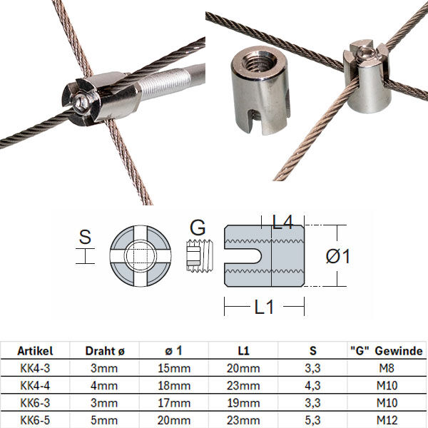 Kreuzklemme "offen" für 2,0 - 5,0mm Drahtseil / KK4 Kreuzklemme "offen" für 2,0 - 5,0mm Drahtseil / KK4