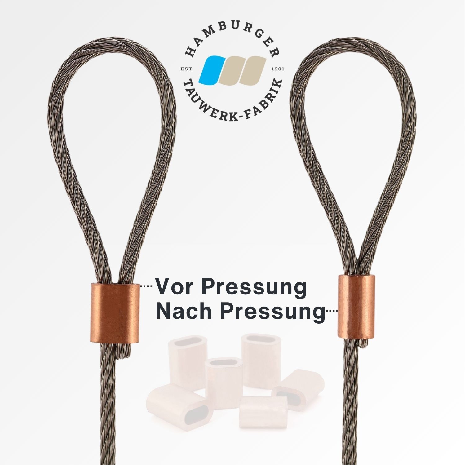 Kupfer-Pressklemme NG3,5 / 3,0 - 3,5mm Drahtseil / per Stück | Hamburger Tauwerk Fabrik – Beste Qualität seit 1901. Jetzt online kaufen