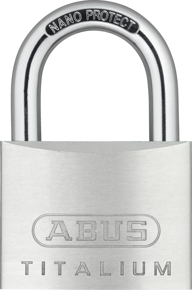 Sicheres ABUS Vorhängeschloss 64TI/40 aus TITALIUM® Spezialaluminium. Gleichschließend (6411), gehärteter Stahlbügel mit NANO PROTECT®, doppelte Bügelverriegelung und 2 Schlüssel je Schloss.