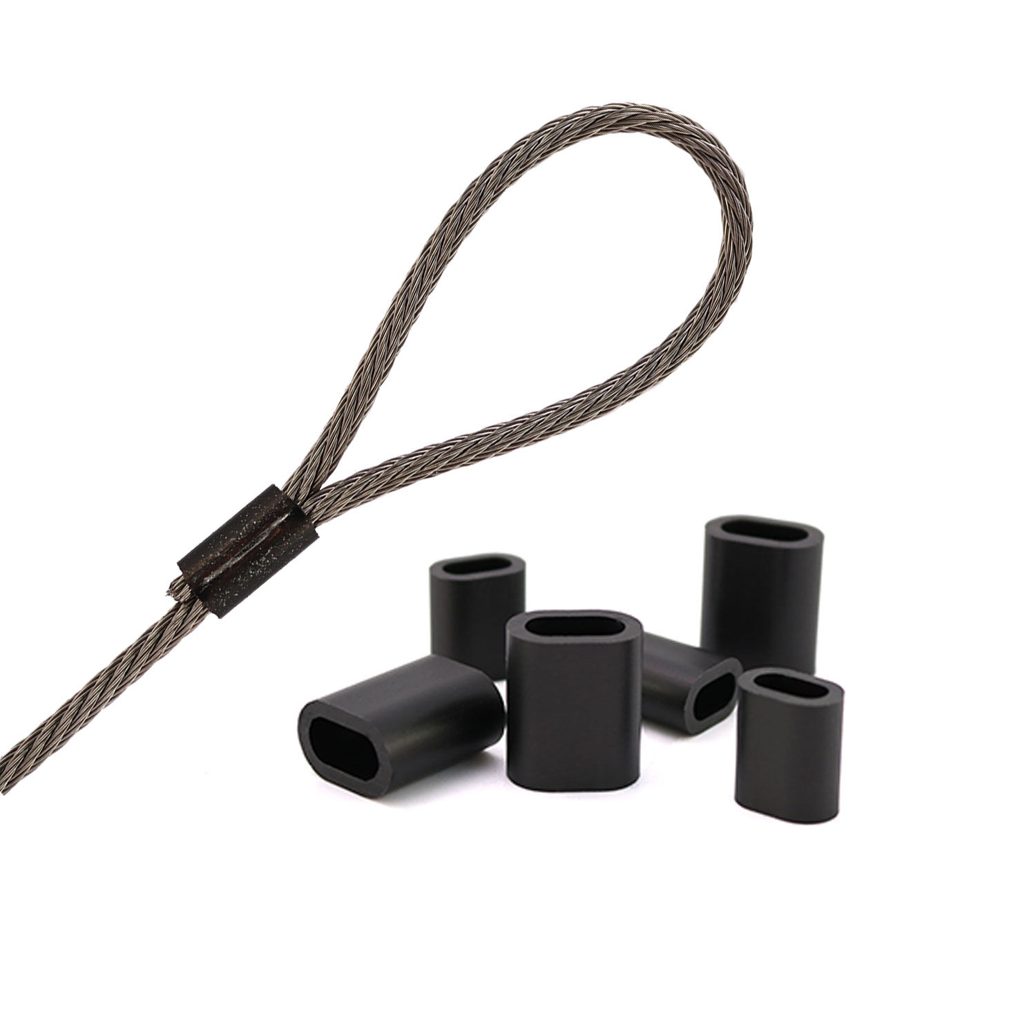 Aluminum crimp Clamps for 1.5 - 5.0mm Wire Rope, PVD black Aluminum crimp Clamps for 1.5 - 5.0mm Wire Rope, PVD black