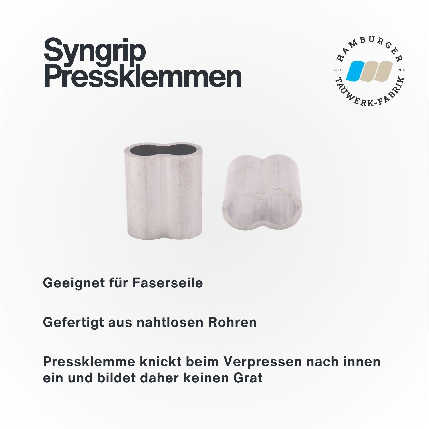 SYNGRIP Pressklemmen für Faserseile – hochwertige Aluminiumklemmen für sichere Seilendverbindungen SYNGRIP Pressklemmen für Faserseile – hochwertige Aluminiumklemmen für sichere Seilendverbindungen