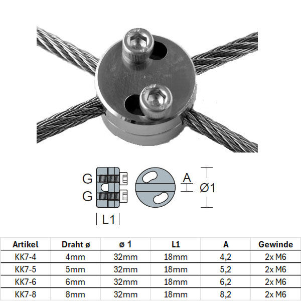 Kreuzklemme KK7 – Edelstahl V4A, große Seilauflage, hohe Klemmkraft für 4,0 - 8,0mm Drahtseil - 50°-90° verstellbar Kreuzklemme KK7 – Edelstahl V4A, große Seilauflage, hohe Klemmkraft für 4,0 - 8,0mm Drahtseil - 50°-90° verstellbar