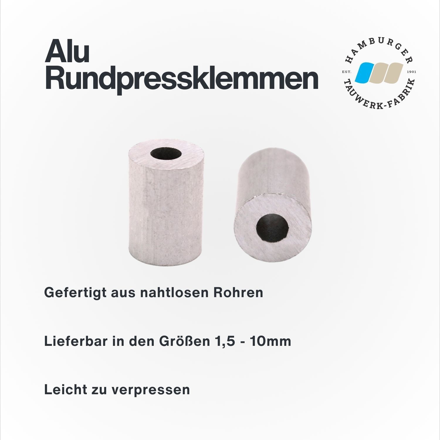 Aluminium Rund-Pressklemmen für 1,5 - 10mm Drahtseil Aluminium Rund-Pressklemmen für 1,5 - 10mm Drahtseil