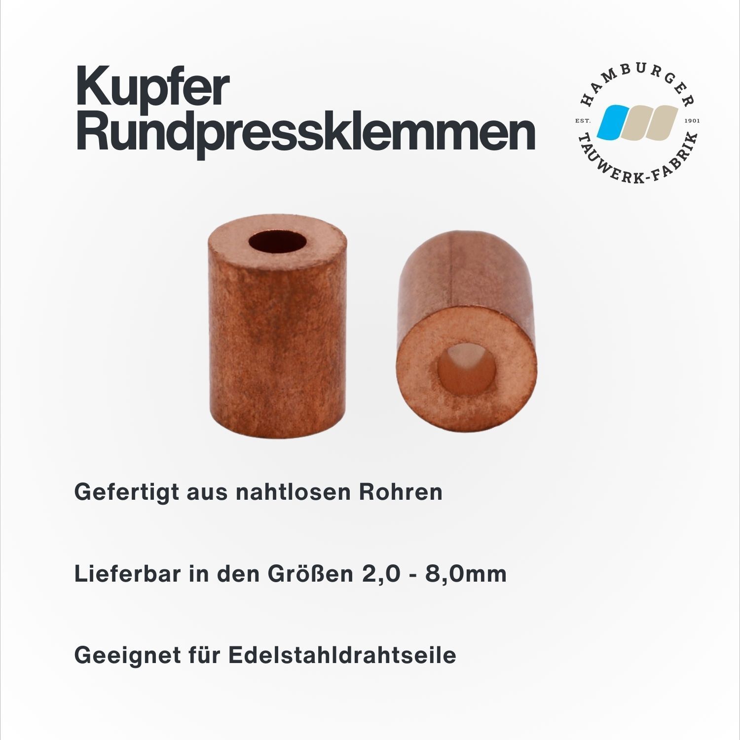 Kupfer Rund-Pressklemmen für 1,5 - 8mm Drahtseil