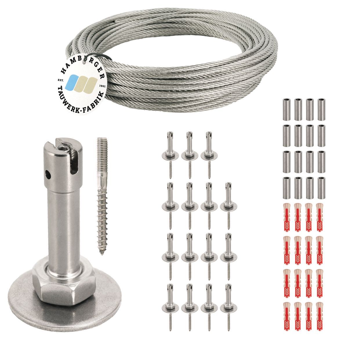 Ranksystem 58mm Bausatz / 16 Wandhalter / 28,5m Drahtseil Ranksystem 58mm Bausatz / 16 Wandhalter / 28,5m Drahtseil