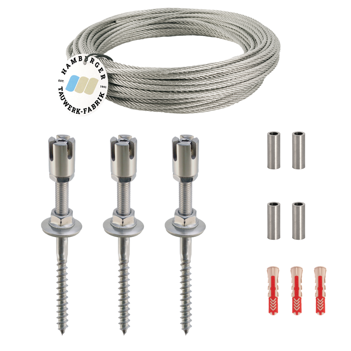 Ranksystem 50mm Bausatz / 3 Wandhalter / 3,5m Drahtseil Ranksystem 50mm Bausatz / 3 Wandhalter / 3,5m Drahtseil